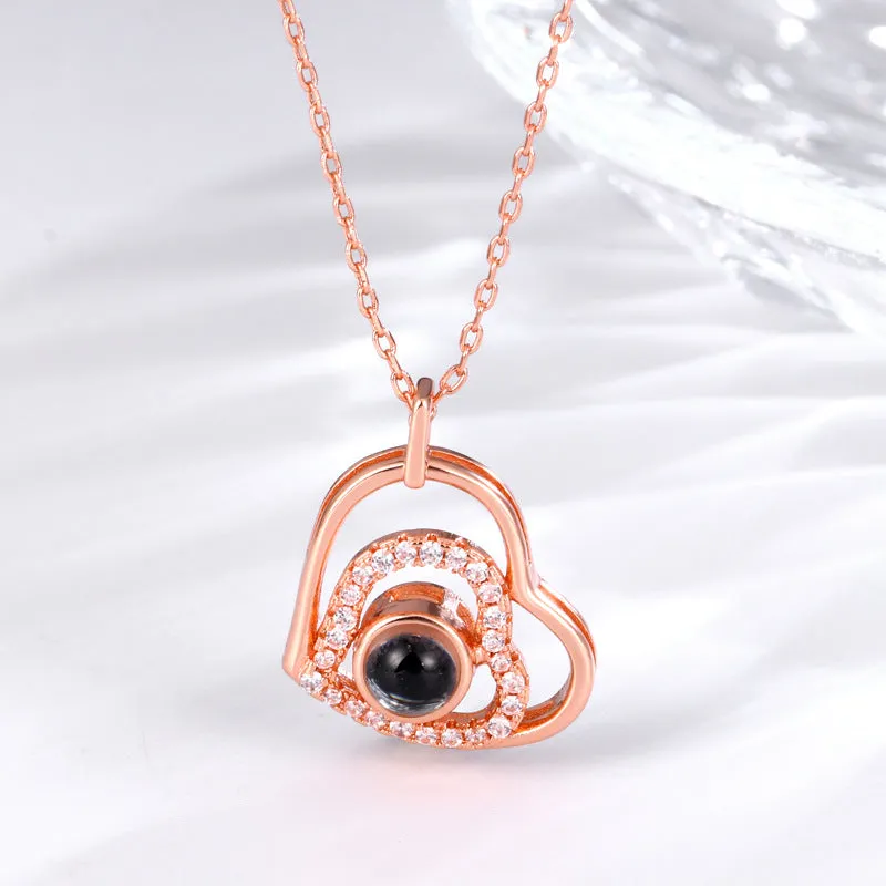 Zirconia Heart Pendant Projection Necklace with Picture inside